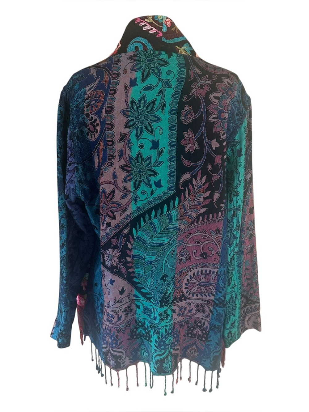 Soft Surroundings Kimono Cardigan M Floral Embroidered Fringe Duster Topper Boho - Picture 2 of 8